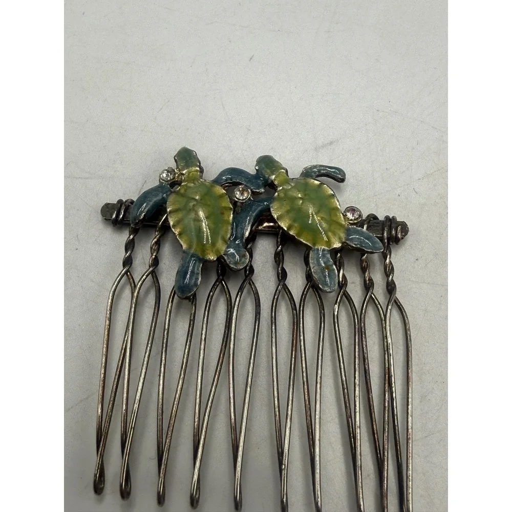 Vintage Sea Turtle Enamel Hair Comb Silver Tone Green Blue Coastal Accessory